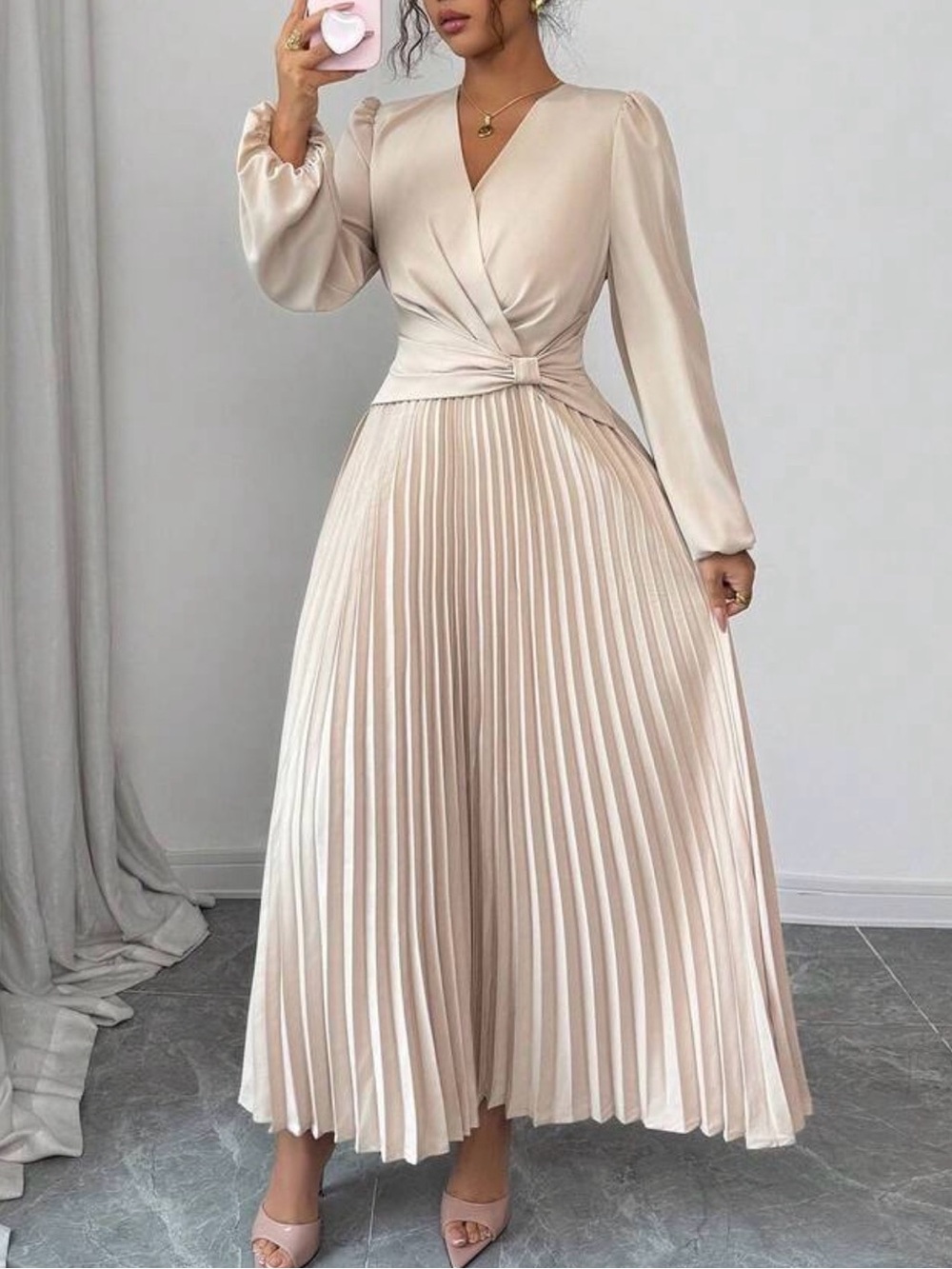 Elegant Pleated Satin Midi Dress in Cream